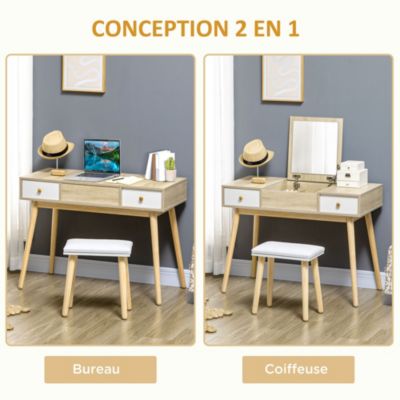 Coiffeuse avec tabouret style scandinave - 2 tiroirs, compartiment porte miroir -  panneaux aspect chêne clair blanc