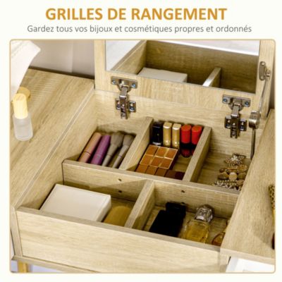 Coiffeuse avec tabouret style scandinave - 2 tiroirs, compartiment porte miroir -  panneaux aspect chêne clair blanc