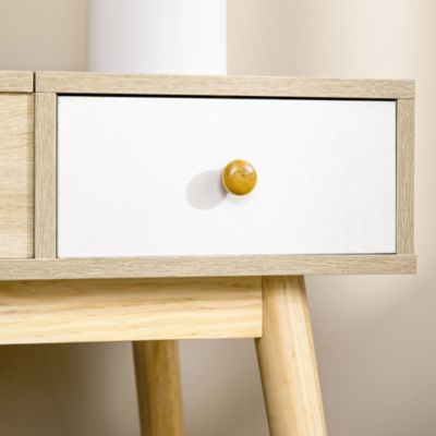 Coiffeuse avec tabouret style scandinave - 2 tiroirs, compartiment porte miroir -  panneaux aspect chêne clair blanc