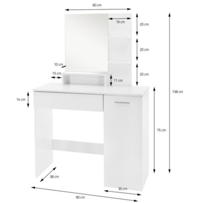 Coiffeuse blanc avec miroir et deux étagères ouvertes table de maquillage en MDF