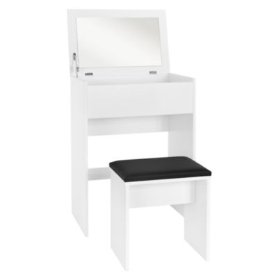 Coiffeuse blanc avec miroir pliable table de maquillage avec tabouret noir MDF