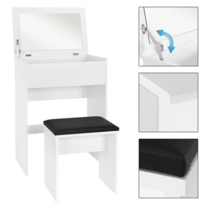 Coiffeuse blanc avec miroir pliable table de maquillage avec tabouret noir MDF