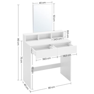 Coiffeuse blanche avec 1 miroir et 2 tiroirs - L80 x H140 cm