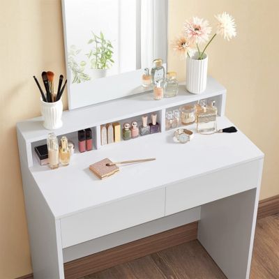 Coiffeuse Avec Miroir Et Ampoules, 2 Tiroirs, 3 Compartiments De Rangement Style Moderne Blanc