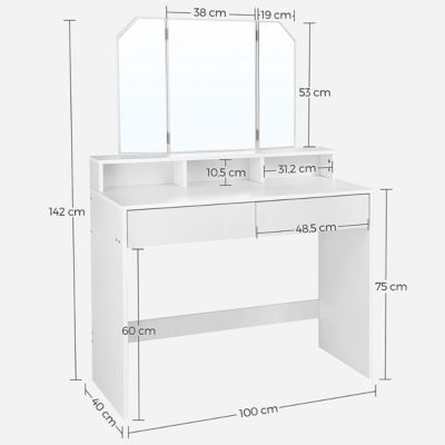 Coiffeuse Blanche avec Miroir 3 Volets et 2 Tiroirs - L100 cm