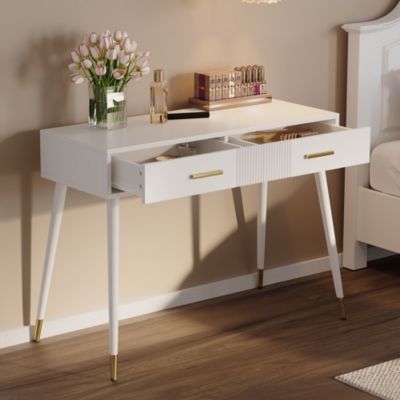 Coiffeuse - Bureau et Coiffeuse avec 2 Tiroirs et Pieds en Métal, MDF - 100x40x76 cm, Blanc