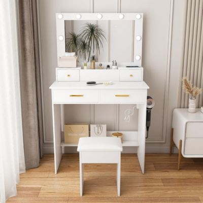 Coiffeuse éclairée LED 3 niveaux, prise et support sèche-cheveux, 4 tiroirs + panier, tabouret rembourré inclus, blanc,80x137x40