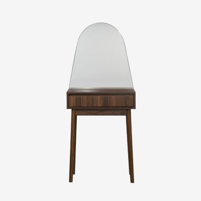 Coiffeuse décor bois LINEAR miroir arrondi 1 tiroir 60 cm. façade striée. Noyer