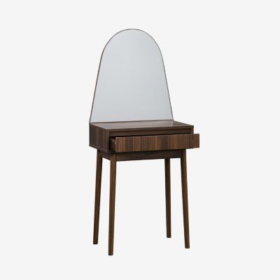 Coiffeuse décor bois LINEAR miroir arrondi 1 tiroir 60 cm. façade striée. Noyer