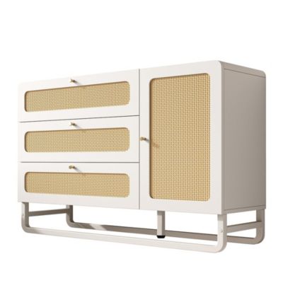 Coiffeuse de style champêtre blanche avec finitions en osier et poignées dorées, dimensions 120x 85x40