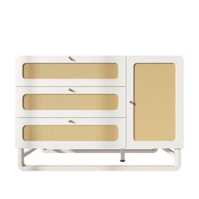 Coiffeuse de style champêtre blanche avec finitions en osier et poignées dorées, dimensions 120x 85x40