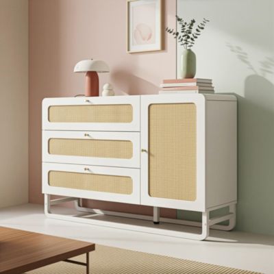 Coiffeuse de style champêtre blanche avec finitions en osier et poignées dorées, dimensions 120x 85x40