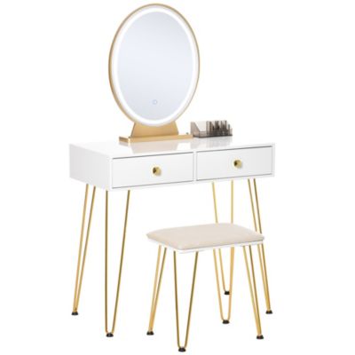 Coiffeuse design - miroir LED intégré - 2 tiroirs + 1 organisateur - tabouret inclus - métal noir MDF banc doré