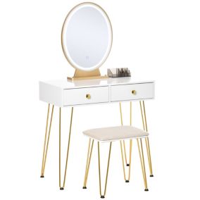 Coiffeuse design - miroir LED intégré - 2 tiroirs + 1 organisateur - tabouret inclus - métal noir MDF banc doré