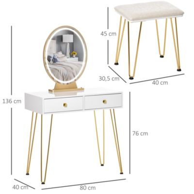 Coiffeuse design - miroir LED intégré - 2 tiroirs + 1 organisateur - tabouret inclus - métal noir MDF banc doré