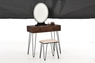 Coiffeuse design - miroir LED intégré - 2 tiroirs + 1 organisateur - tabouret inclus - métal noir MDF imitation bois noyer foncé