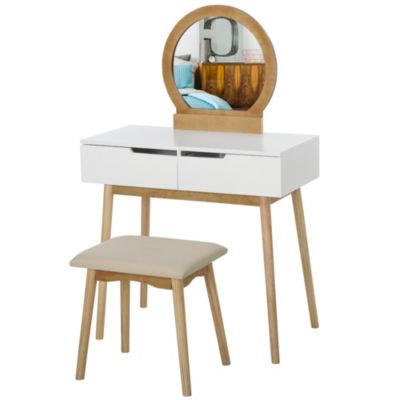 Coiffeuse design scandinave table de maquillage avec miroir, 2 tiroirs et tabouret blanc pin clair