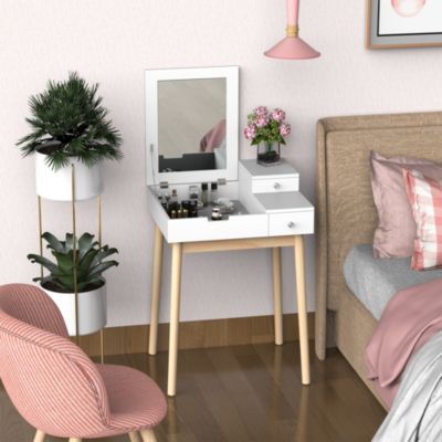 Coiffeuse design scandinave table de maquillage multi-rangements miroir pliable 60L x 50l x 86H cm pin et MDF blanc