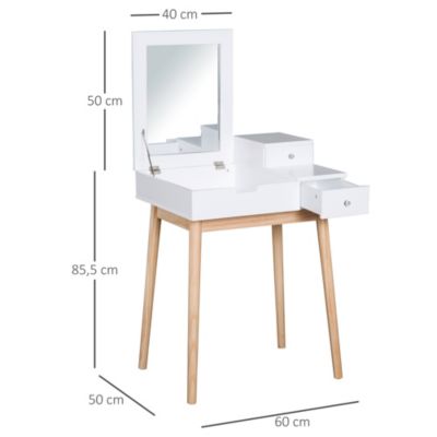 Coiffeuse design scandinave table de maquillage multi-rangements miroir pliable 60L x 50l x 86H cm pin et MDF blanc