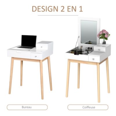 Coiffeuse design scandinave table de maquillage multi-rangements miroir pliable 60L x 50l x 86H cm pin et MDF blanc