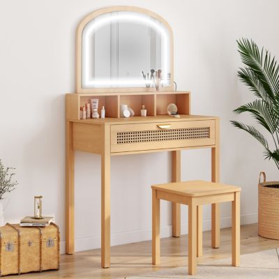 Coiffeuse EDHEN avec miroir LED, 1 tiroir, 3 niches et tabouret effet cannage naturel et bois