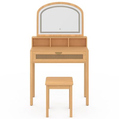 Coiffeuse EDHEN avec miroir LED, 1 tiroir, 3 niches et tabouret effet cannage naturel et bois
