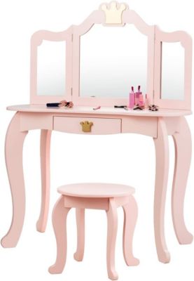 Coiffeuse Enfant 3 7 Ans 2 en 1 Table de Maquillage avec Tabouret 3 Miroirs Amovibles 1 Tiroir Pieds en Bois de Pin