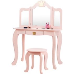 Coiffeuse Enfant 3 7 Ans 2 en 1 Table de Maquillage avec Tabouret 3 Miroirs Amovibles 1 Tiroir Pieds en Bois de Pin