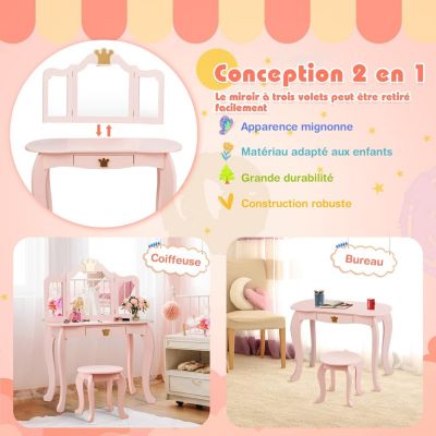 Coiffeuse Enfant 3 7 Ans 2 en 1 Table de Maquillage avec Tabouret 3 Miroirs Amovibles 1 Tiroir Pieds en Bois de Pin