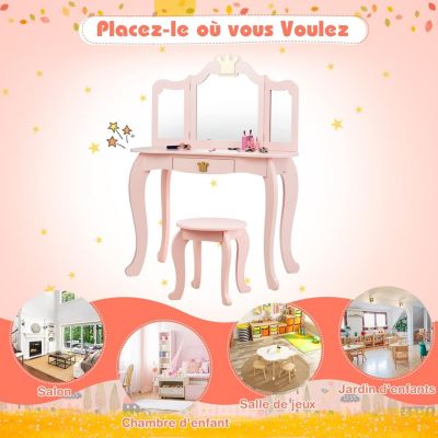 Coiffeuse Enfant 3 7 Ans 2 en 1 Table de Maquillage avec Tabouret 3 Miroirs Amovibles 1 Tiroir Pieds en Bois de Pin