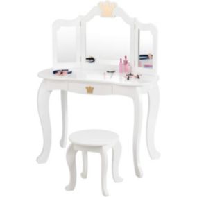 Coiffeuse Enfant 3 7 Ans 2 en 1 Table de Maquillage avec Tabouret 3 Miroirs Amovibles 1 Tiroir Pieds en Bois de Pin