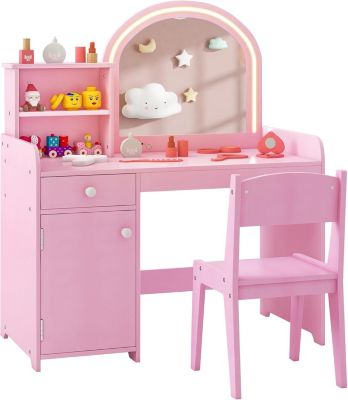 Coiffeuse Enfant avec Lumière LED Bicolores Table de Maquillage Fille avec Mirroir Acrylique Ensemble Coiffeuse Rose