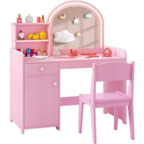 Coiffeuse Enfant avec Lumière LED Bicolores Table de Maquillage Fille avec Mirroir Acrylique Ensemble Coiffeuse Rose