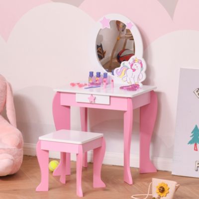 Coiffeuse enfant design licorne - tabouret inclus - dim. 49L x 34l x 90H cm - tiroir, miroir - MDF - rose blanc