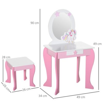 Coiffeuse enfant design licorne - tabouret inclus - dim. 49L x 34l x 90H cm - tiroir, miroir - MDF - rose blanc