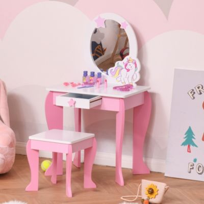 Coiffeuse enfant design licorne - tabouret inclus - dim. 49L x 34l x 90H cm - tiroir, miroir - MDF - rose blanc