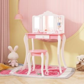 Coiffeuse Enfant Fille avec Chaise 2 en 1 Bureau Enfant et Coiffeuse avec Miroir Pliable en 3 Parties