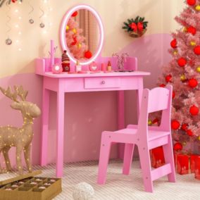 Coiffeuse Enfant Fille avec Lumière LED Bicolore Table de Maquillage avec Chaise Tiroir Miroir Ovale Rose