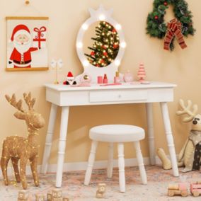 Coiffeuse Enfant Fille avec Miroir et Tabouret Lumières LED 3 Couleurs 2 en 1 Bureau Enfant avec Rangement Blanc