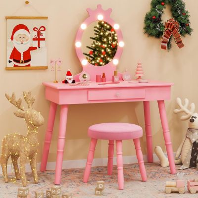 Coiffeuse Enfant Fille avec Miroir et Tabouret Lumières LED 3 Couleurs 2 en 1 Bureau Enfant avec Rangement Rose