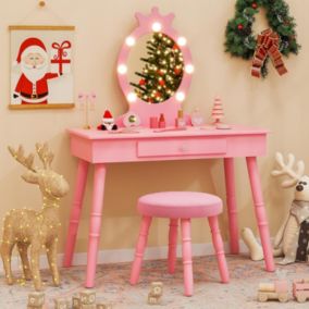 Coiffeuse Enfant Fille avec Miroir et Tabouret Lumières LED 3 Couleurs 2 en 1 Bureau Enfant avec Rangement Rose