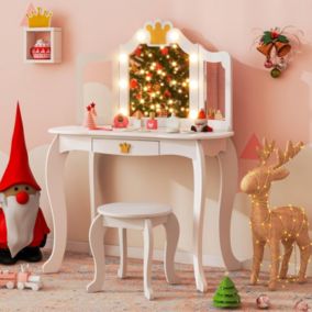 Coiffeuse Enfant Fille avec Miroir LED 3 Couleurs Table de Maquillage avec Tabouret Miroir à 3 Volets Blanc