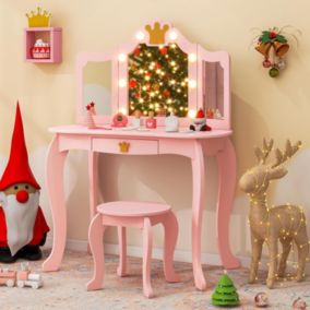 Coiffeuse Enfant Fille avec Miroir LED 3 Couleurs Table de Maquillage avec Tabouret Miroir à 3 Volets Rose
