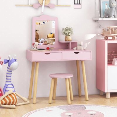 Coiffeuse Enfant Fille Coiffeuse en Bois avec Miroir Amovible avec Tabouret 2 en 1 Table de Maquillage et Bureau Rose