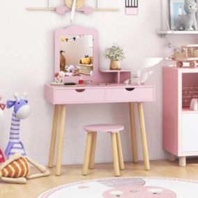 Coiffeuse Enfant Fille Coiffeuse en Bois avec Miroir Amovible avec Tabouret 2 en 1 Table de Maquillage et Bureau Rose