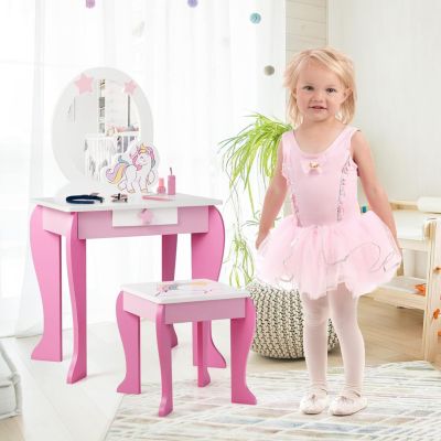 Coiffeuse Enfant Filles Avec Miroir Et Tiroir - Tabouret Inclus - Blanc & Chêne - HYGRAD - À Monter - 3-8 Ans