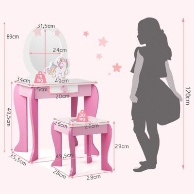 COSTWAY Coiffeuse pour Enfants avec Miroir et Tabouret en Bois - Style
