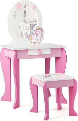 Coiffeuse Enfant Motif Licorne Table de Maquillage avec Tabouret Miroir Detachable Cadeau Parfait pour Enfants