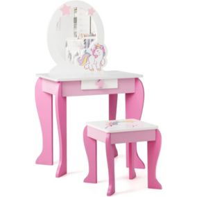 Coiffeuse Enfant Motif Licorne Table de Maquillage avec Tabouret Miroir Detachable Cadeau Parfait pour Enfants