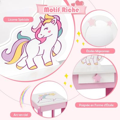 Coiffeuse Enfant Motif Licorne Table de Maquillage avec Tabouret Miroir Detachable Cadeau Parfait pour Enfants